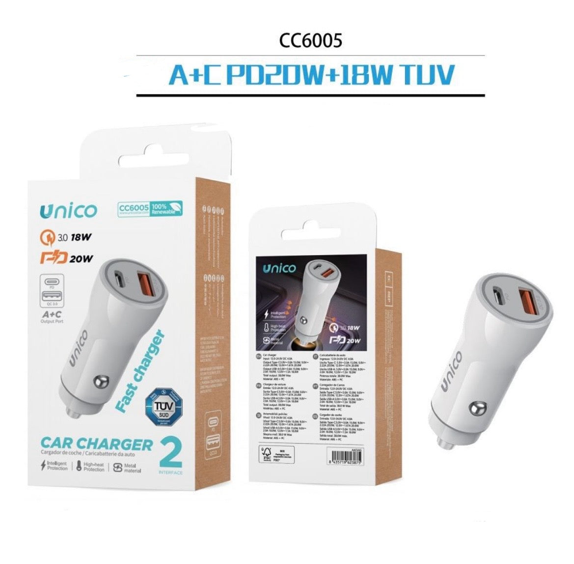 ALIMENTATORE AUTO UNICO CC6005 USB-C 20W